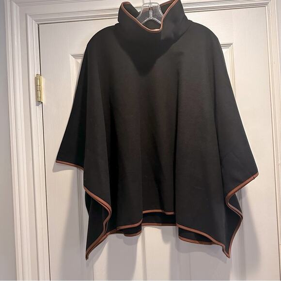 Tuckernuck Piper Poncho One Size Black Brown Leather Trim Funnel Neck - Picture 5 of 14